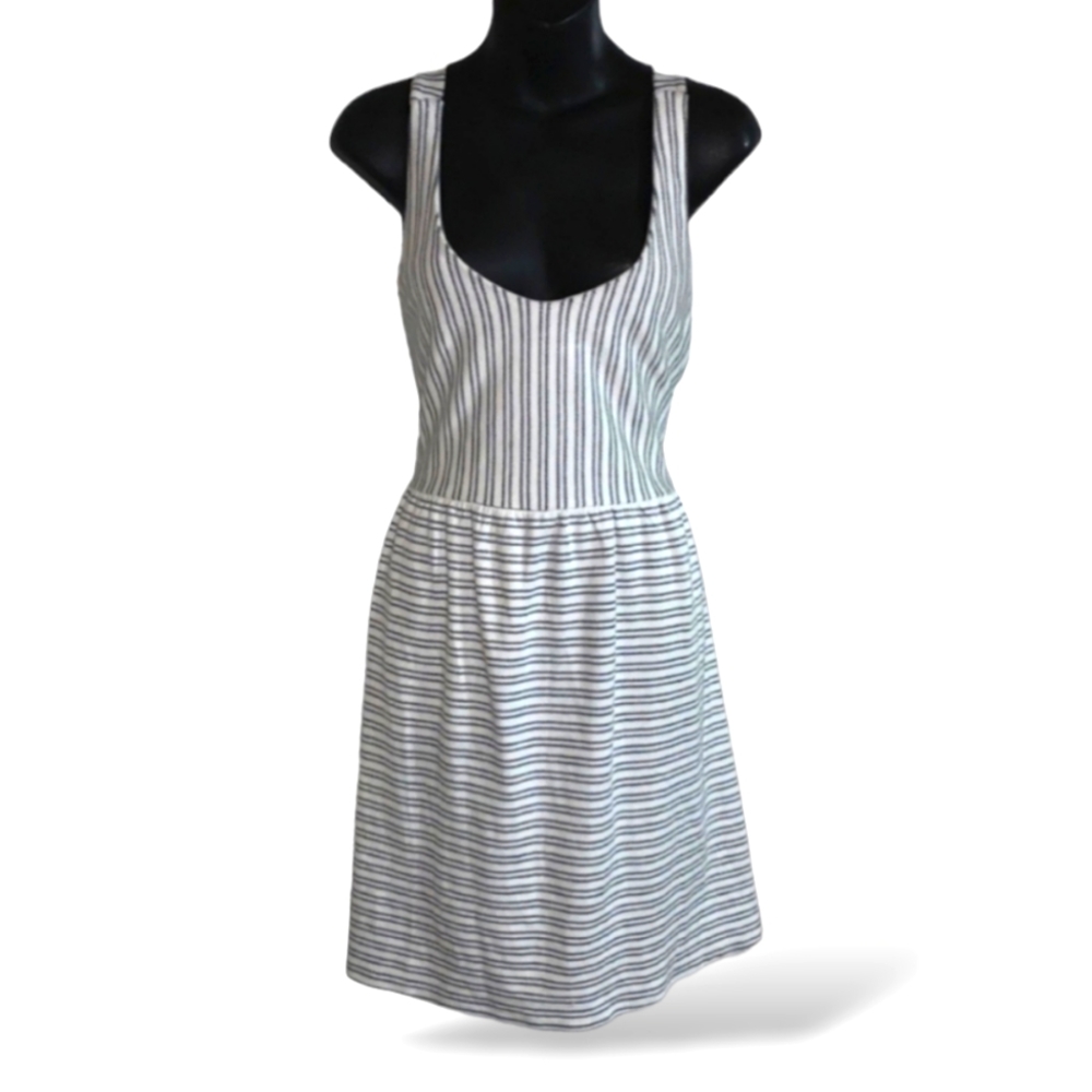 Woman's Off White Stripes Sleeveless Low Cut Dress,Beach by Loft Sz Sm
